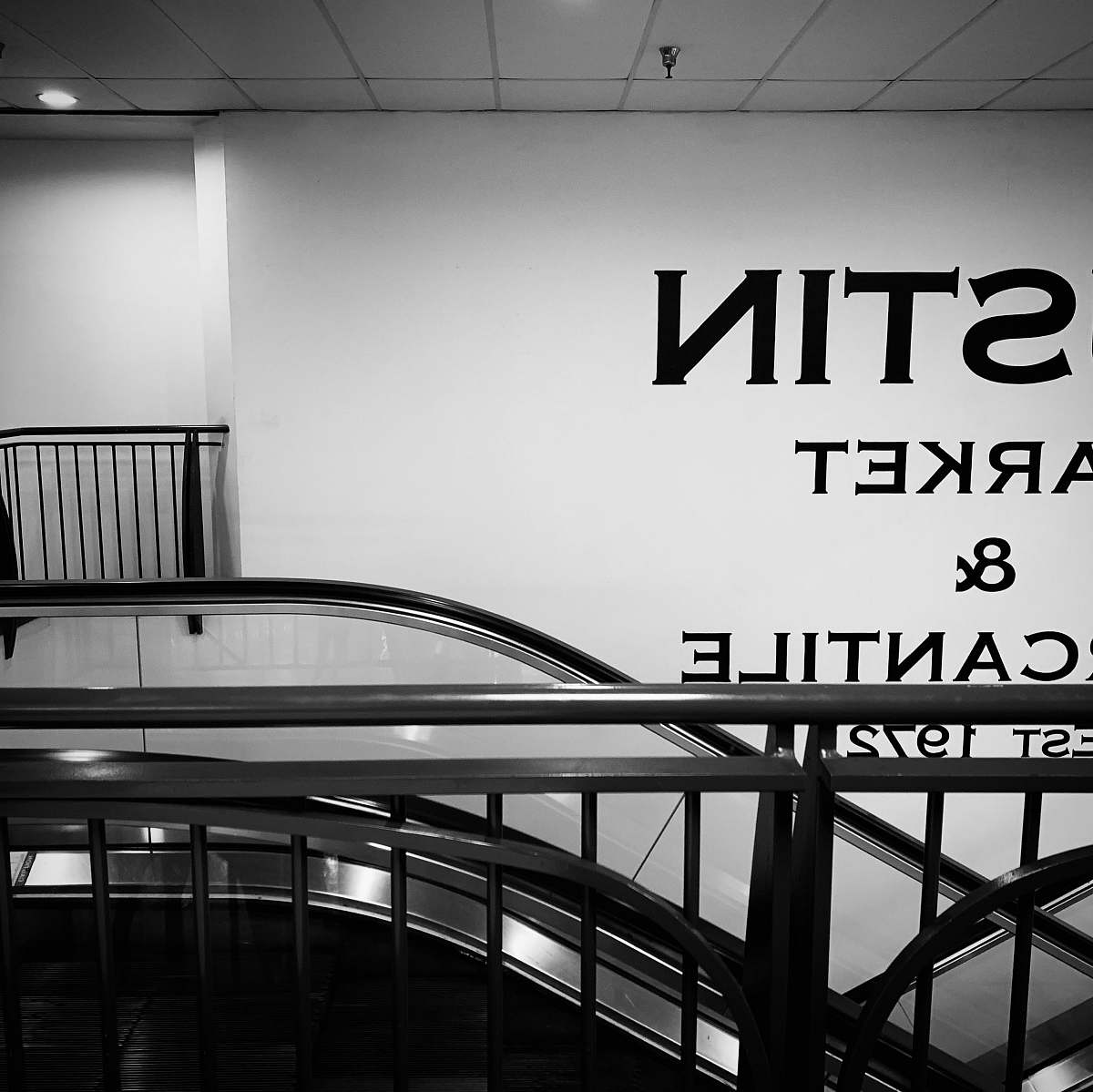 banister grayscale photo of escalator handrail