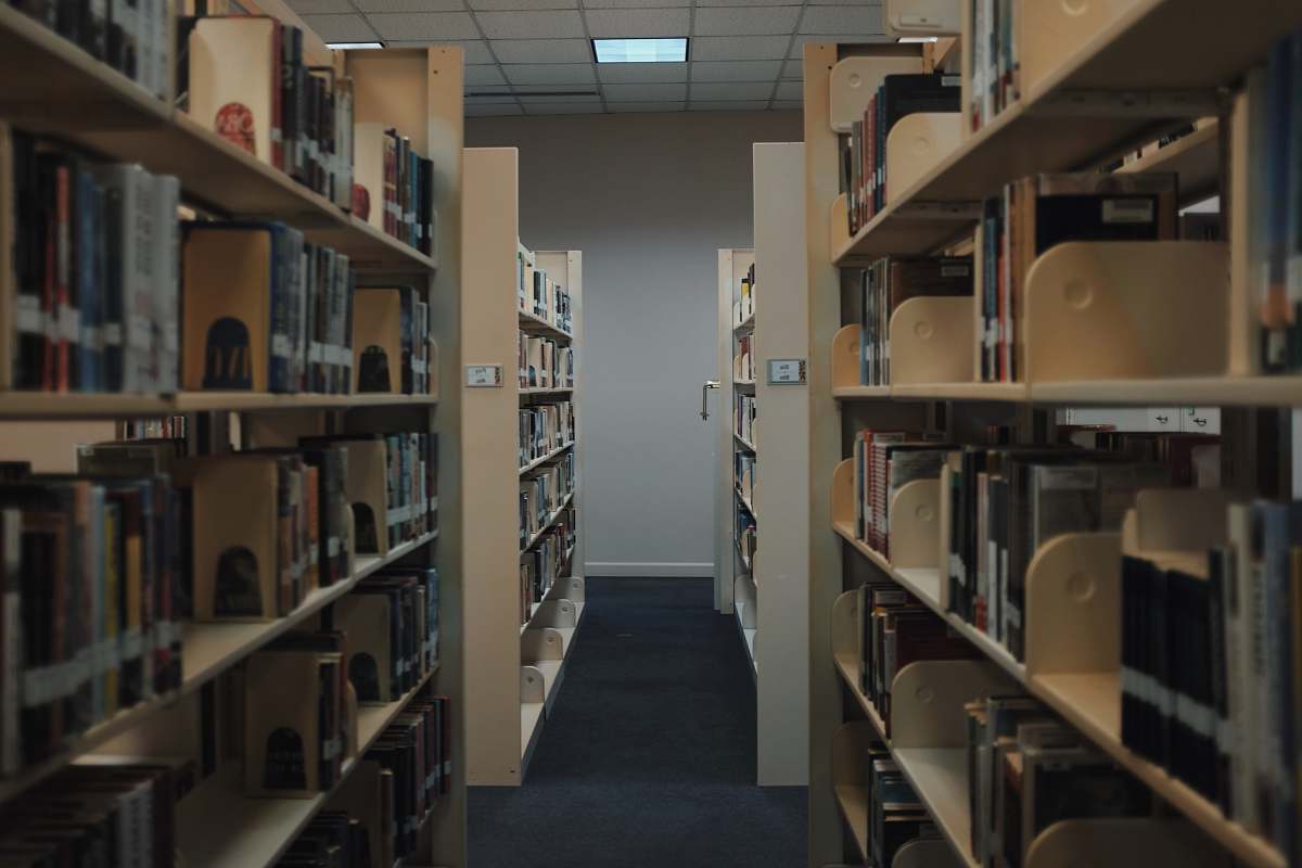 library brown wooden book shelves inside library bookcase
