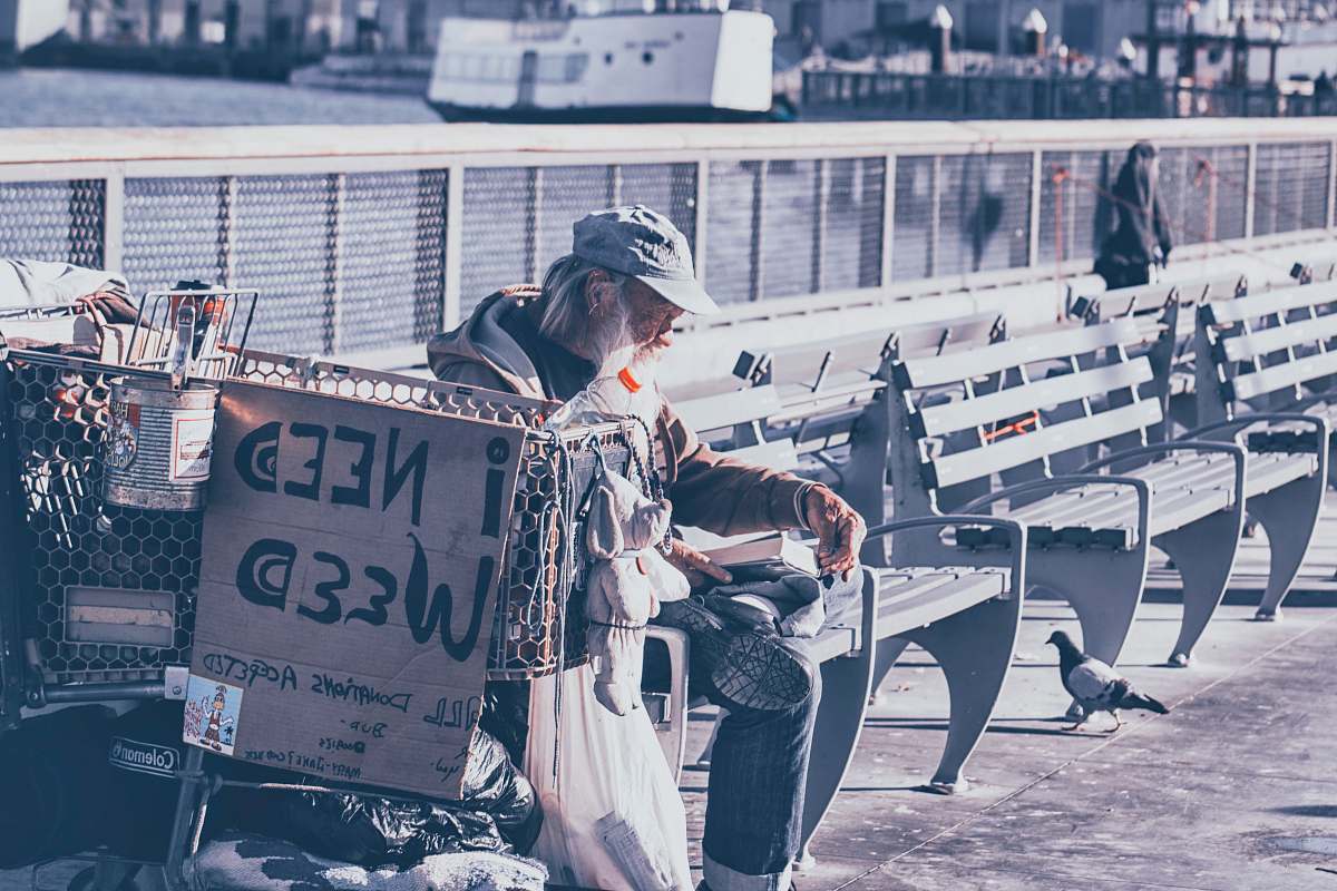 This striking image captures a homeless man sitting on a city bench, holding a prominent 'I Need Weed' sign. The scene reflects the raw realities of urban life, highlighting issues of homelessness and addiction. Ideal for projects focused on social awareness, urban culture, or the challenges faced by marginalized communities. Use this powerful visual to evoke empathy and spark conversations about societal issues.