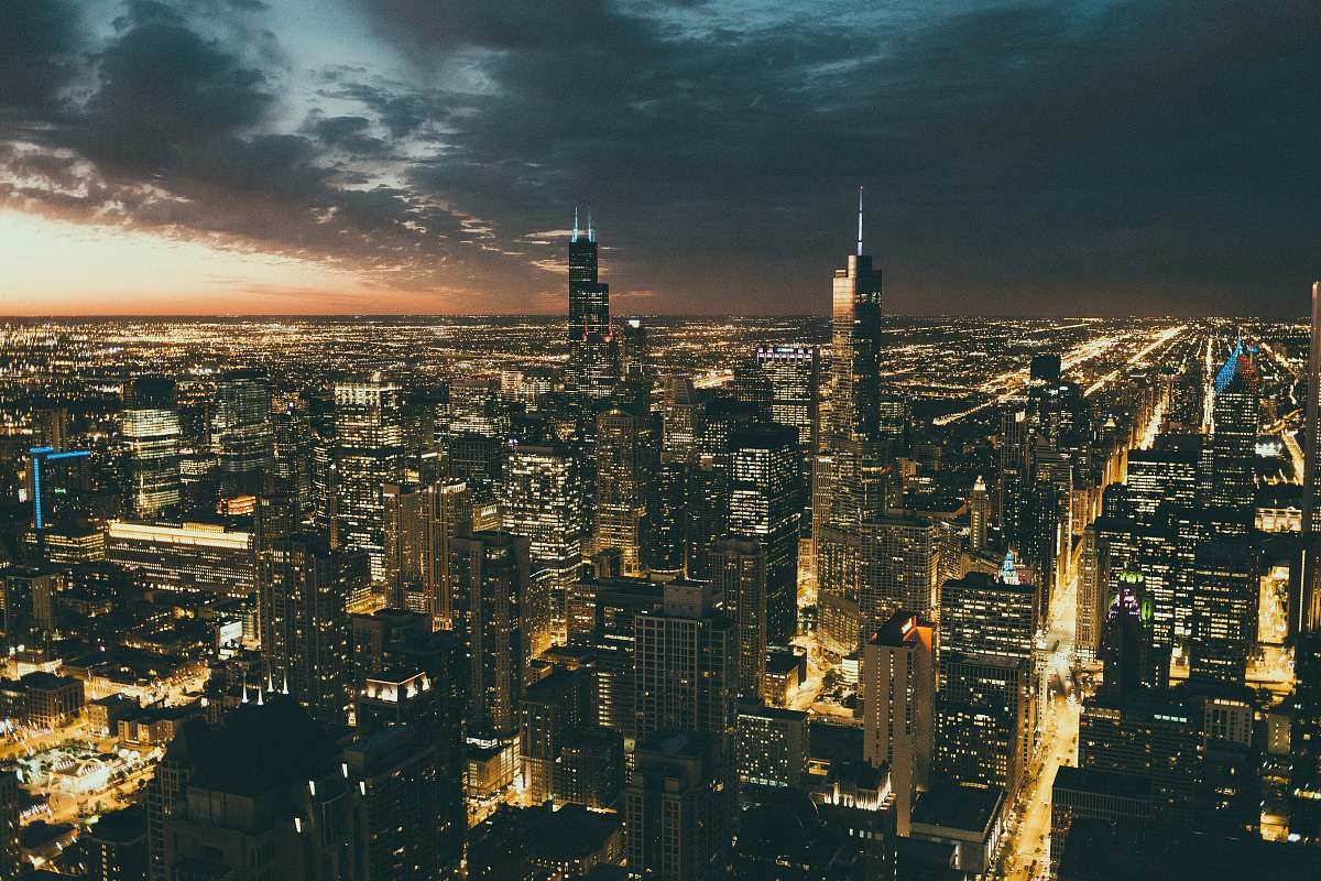 urban aerial view of city buildings during night time landscape