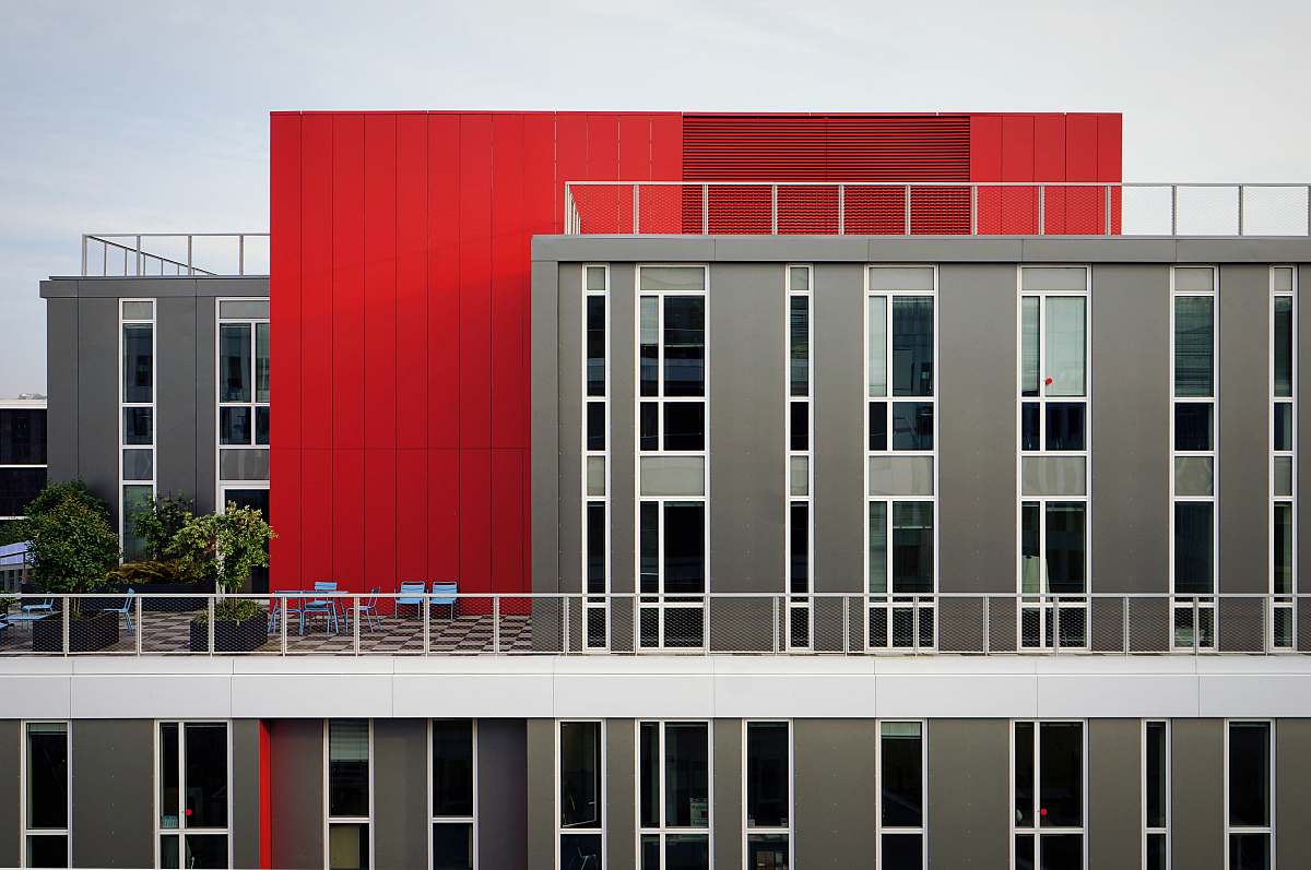 modern aerial photography of red and gray building red