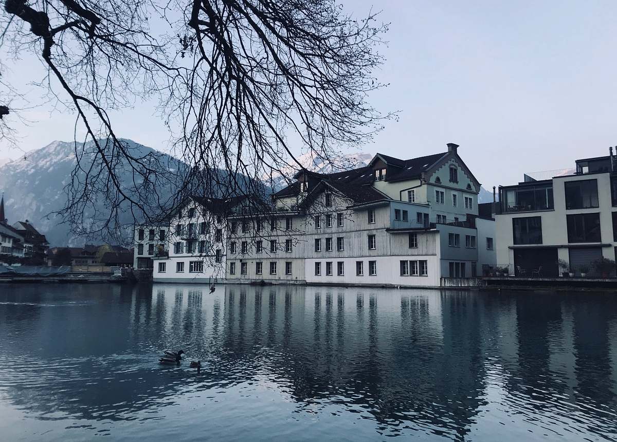 building architectural photo of a white and black building by a lake castle
