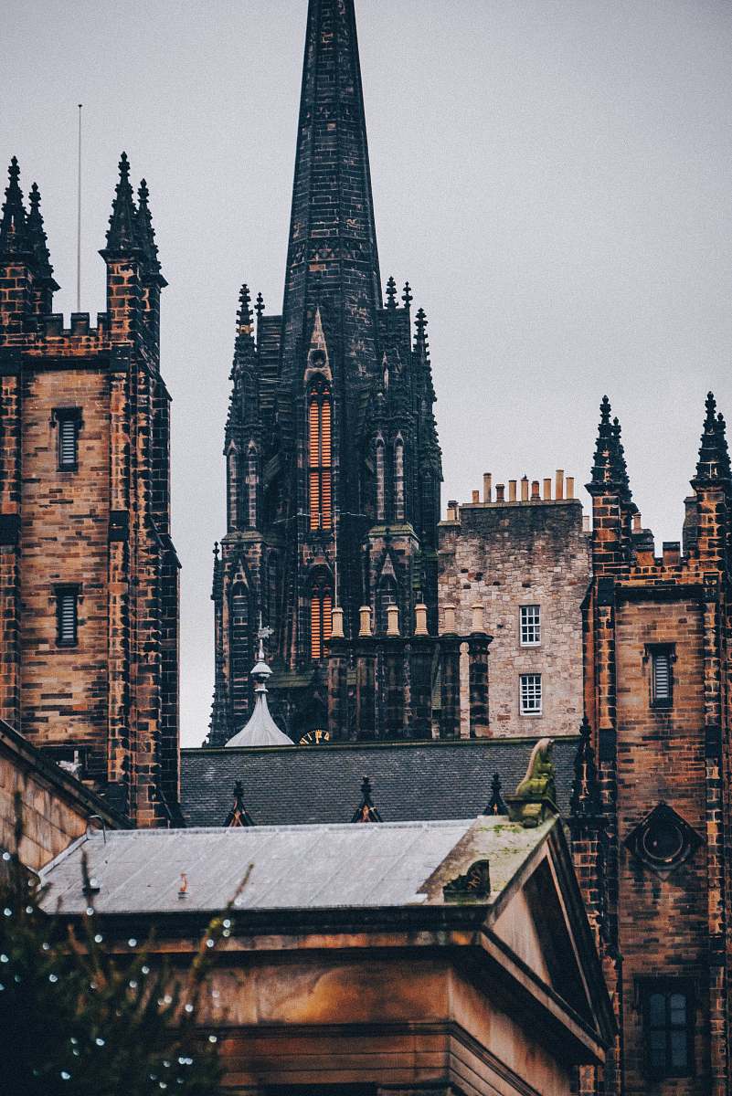 spire black and brown European city buildings steeple