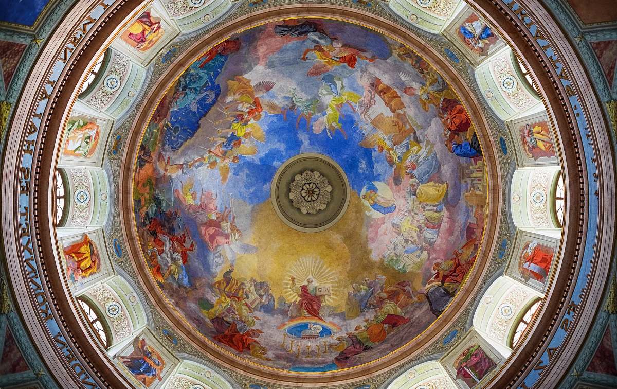 building blue and red dome painting