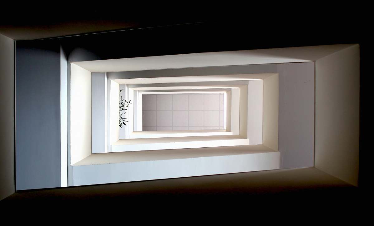 building bottom view of spiral stairs window