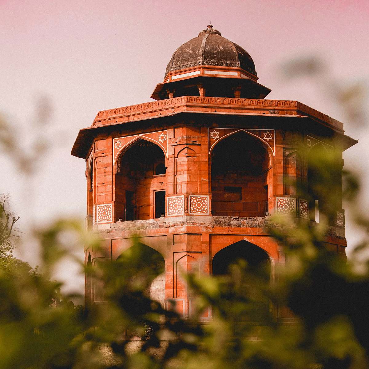 building brown concrete tower view in green plant dome