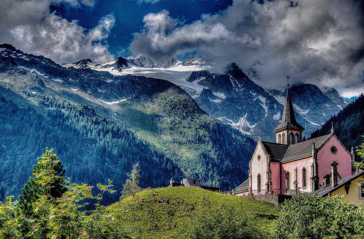 building chapel on mountain landscape spire
