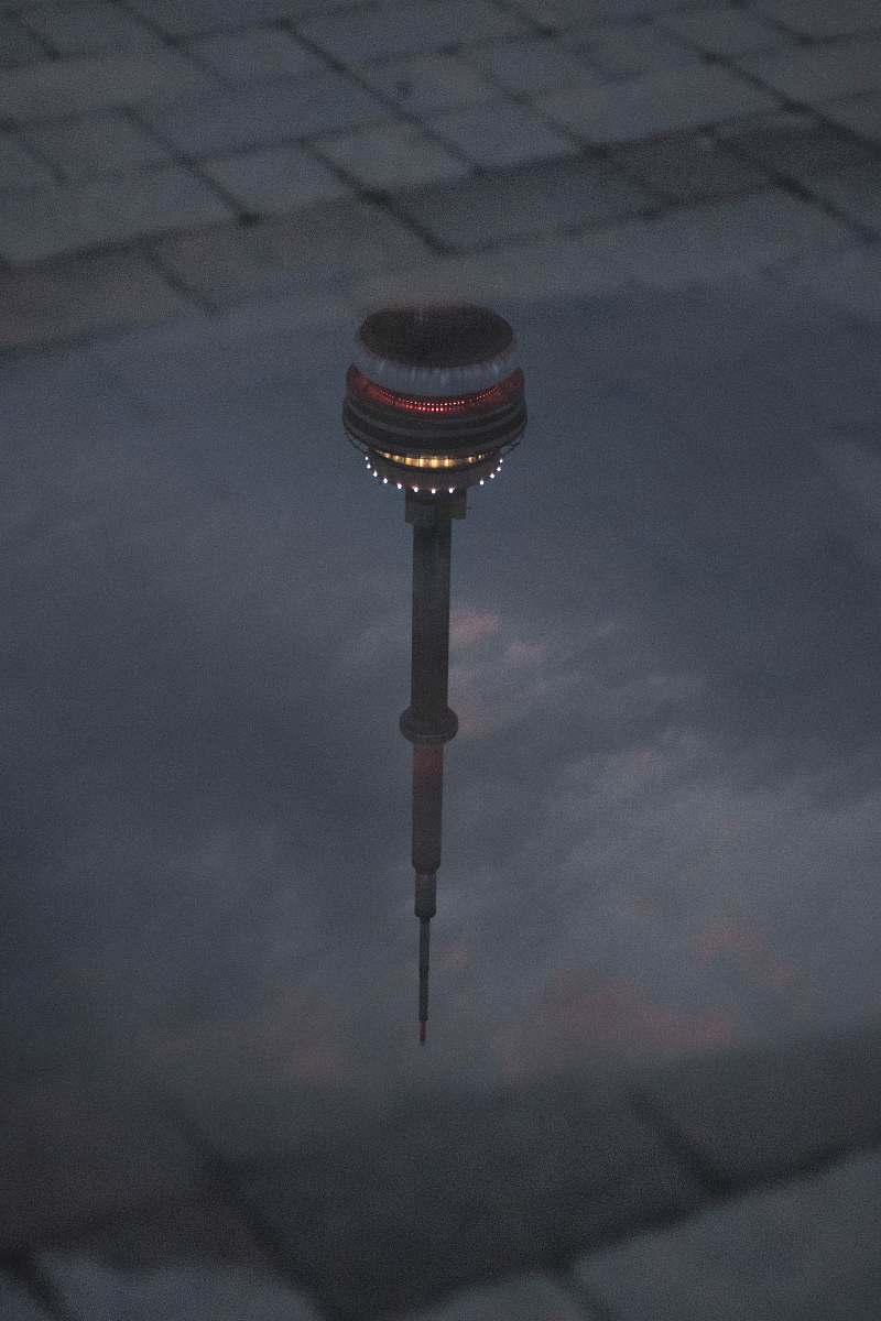 building CN tower reflection on water tower