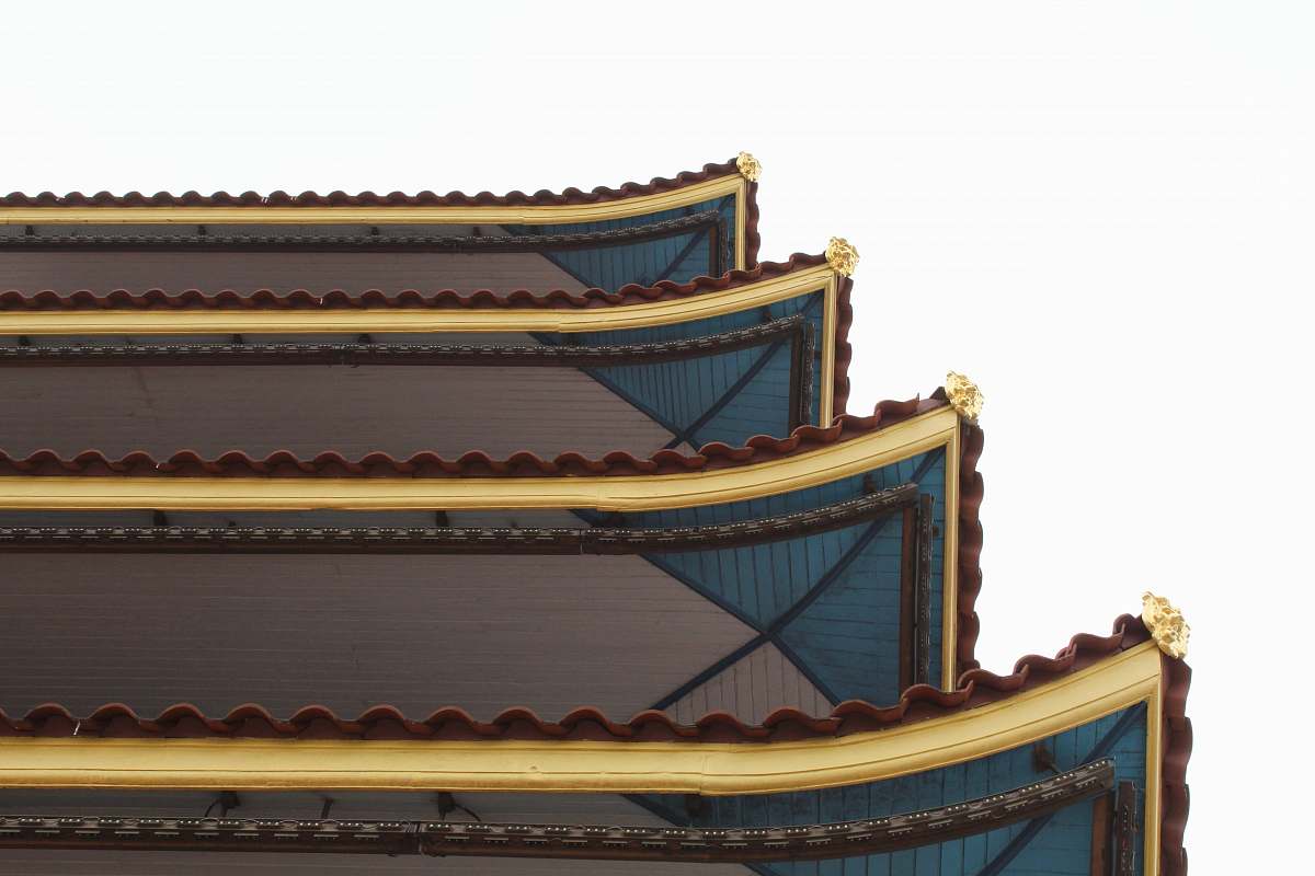 shrine four gray-and-blue textiles temple