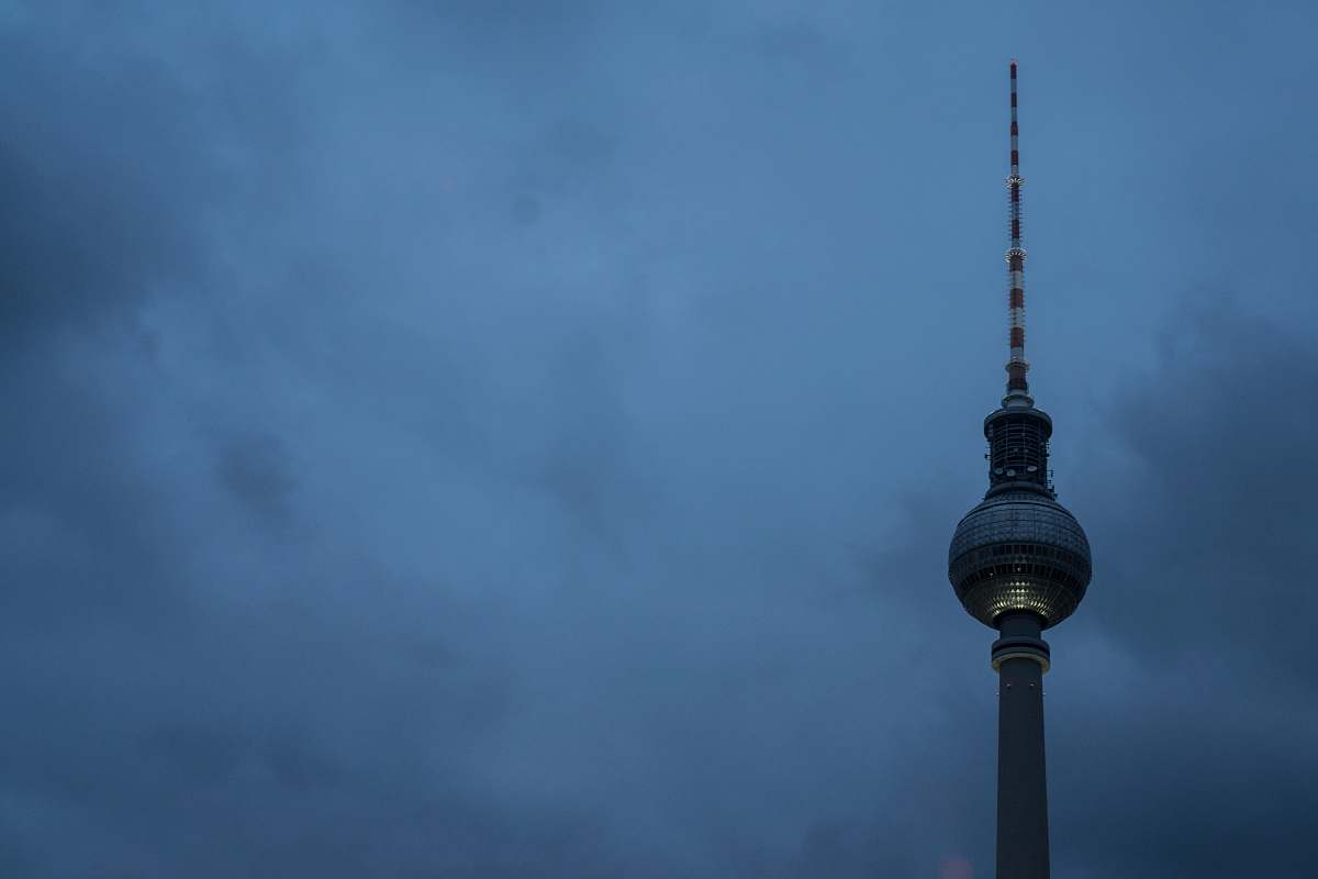building gray steel post lamp blue