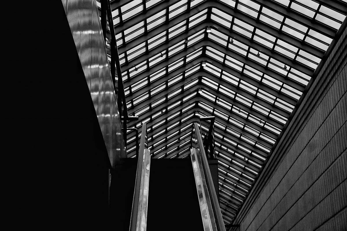 building grayscale photography of ceiling black-and-white