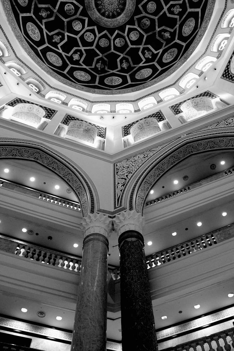building grayscale photography of inside building view black-and-white