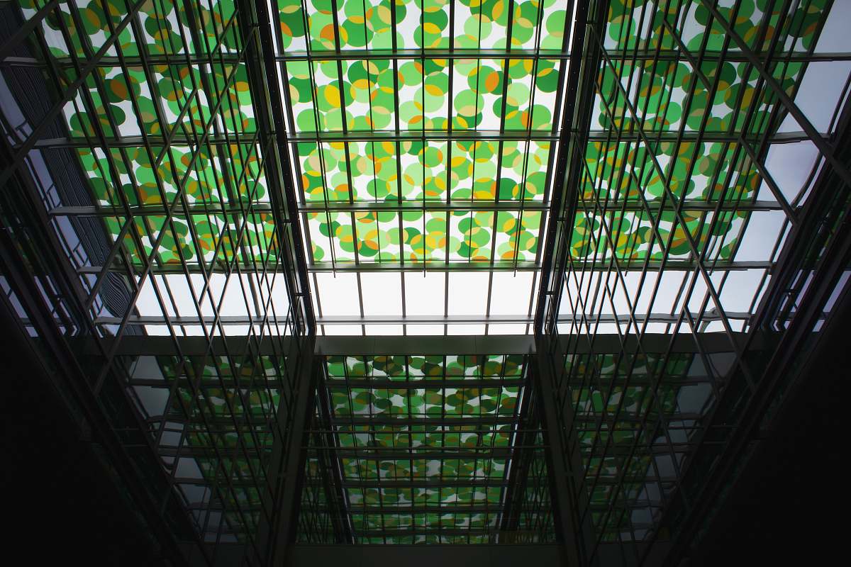 building green and white window blinds window