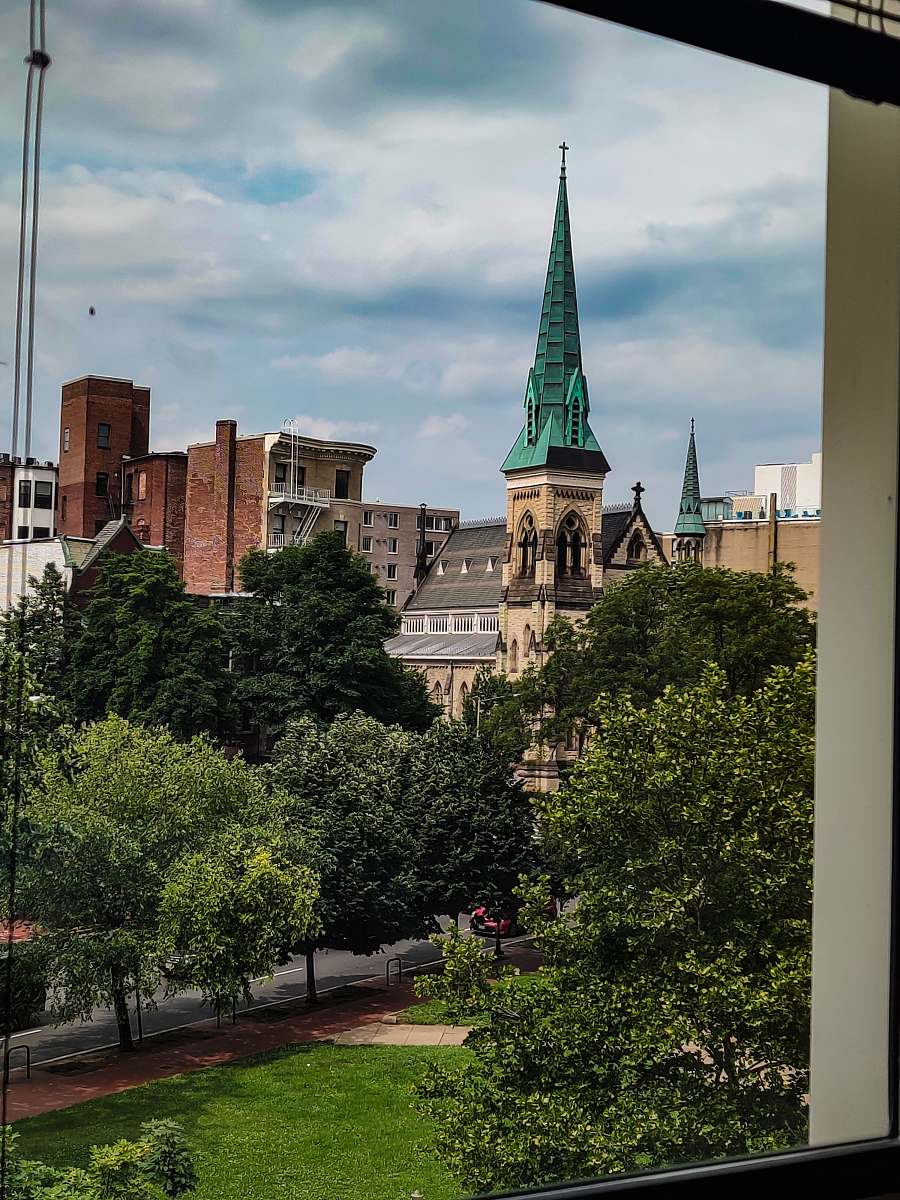 building green roofed tower spire