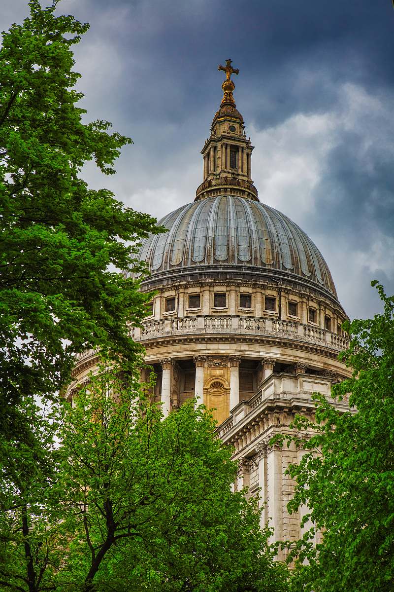 building green trees across gray church dome