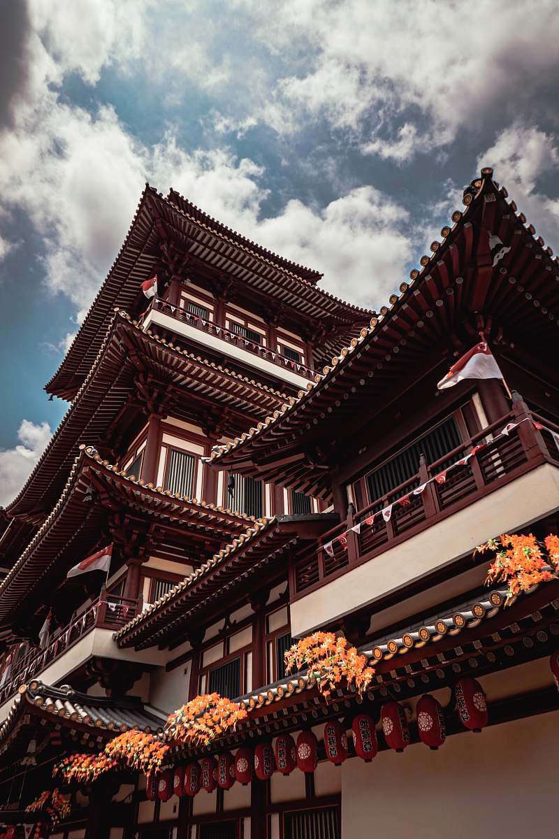 building low-angle photography of brown and white temple pagoda