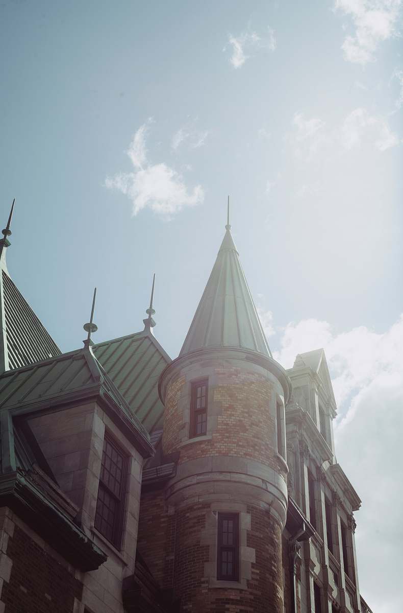 building low angle photography of castle under clear sky spire