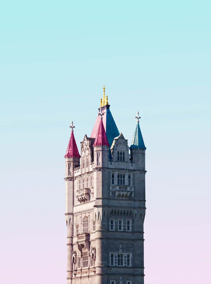 building pink, blue, and grey concrete castle tower