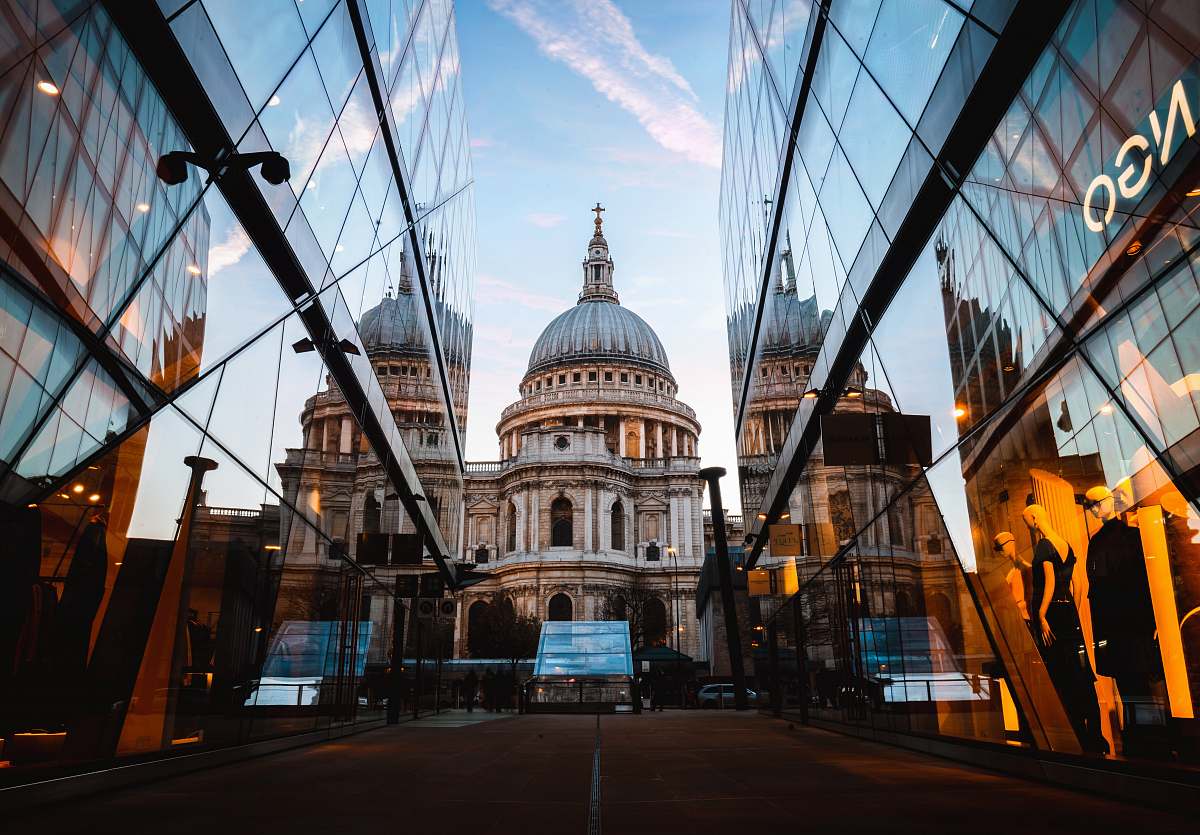 building road between curtain wall buildings dome