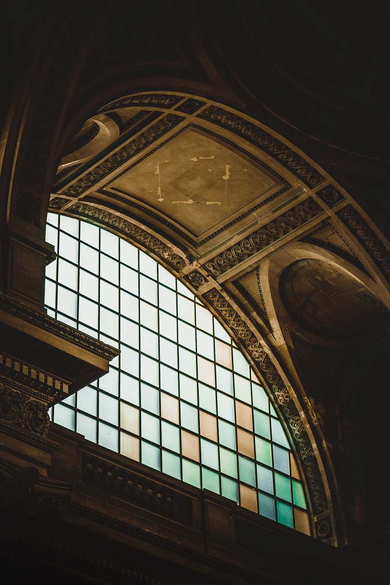 building stained glass inside building staircase