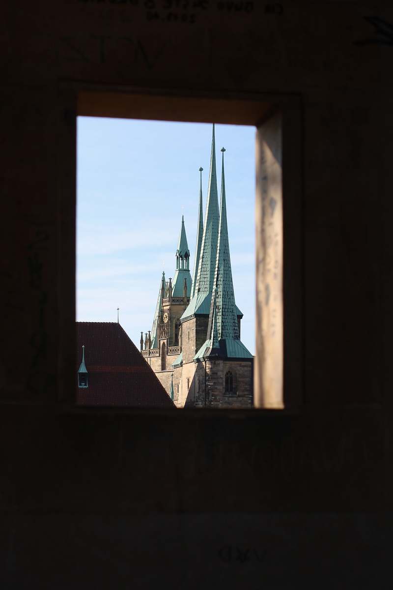 building view of concrete building on window spire