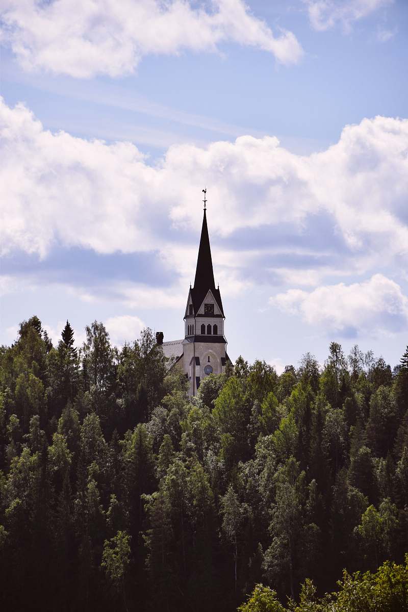 building white and black cathedral near trees during daytime spire