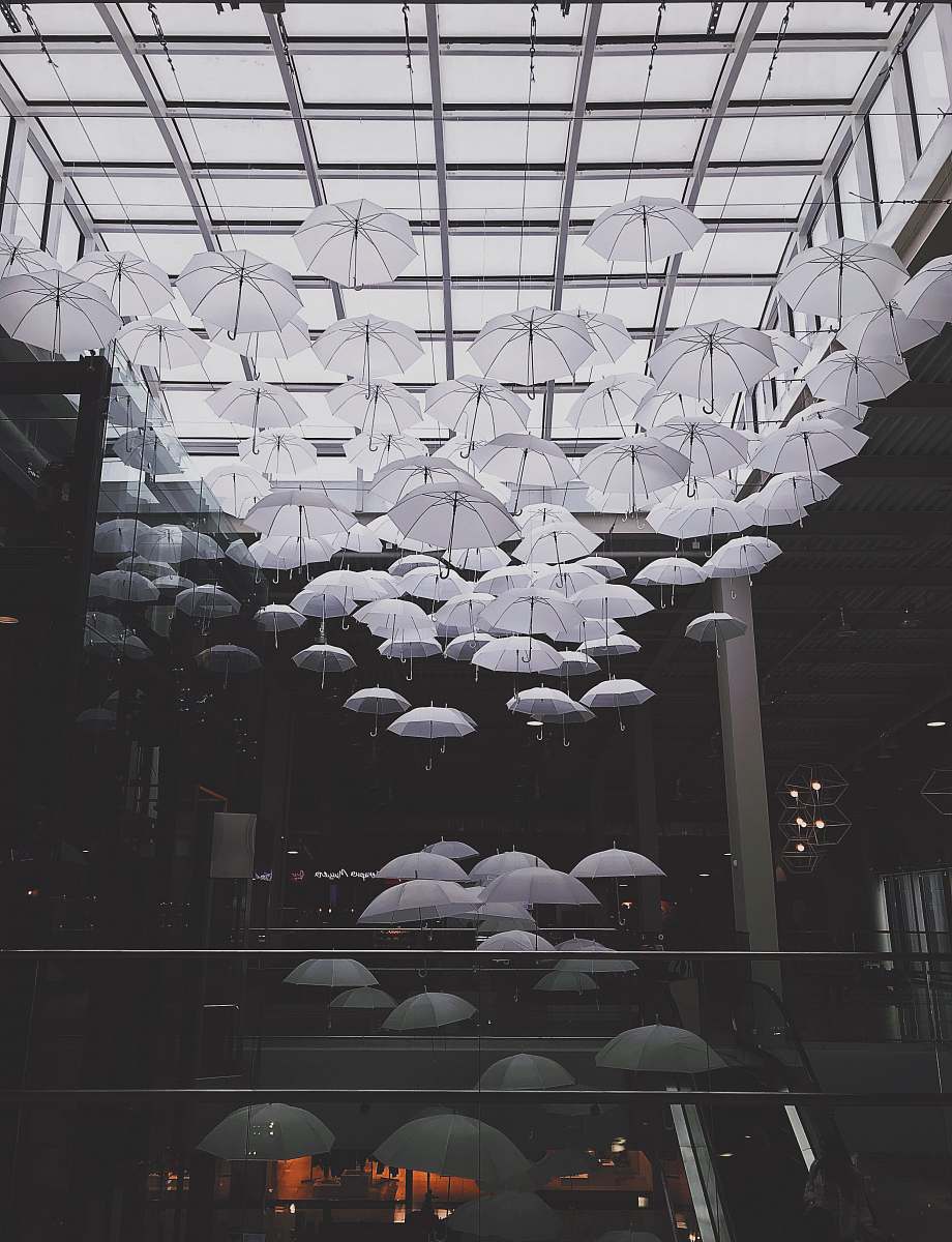 building white umbrella decor grey