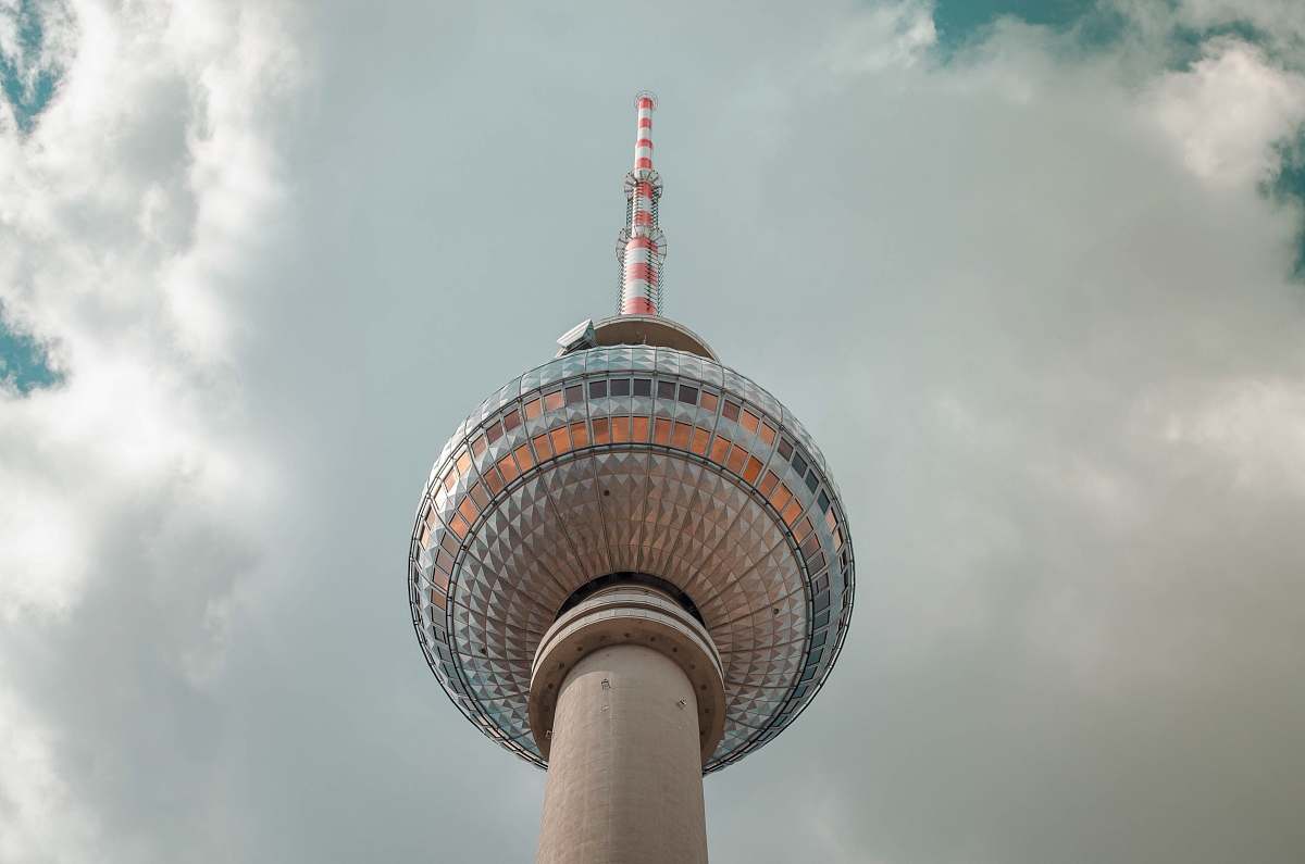building worms eye view of building tower
