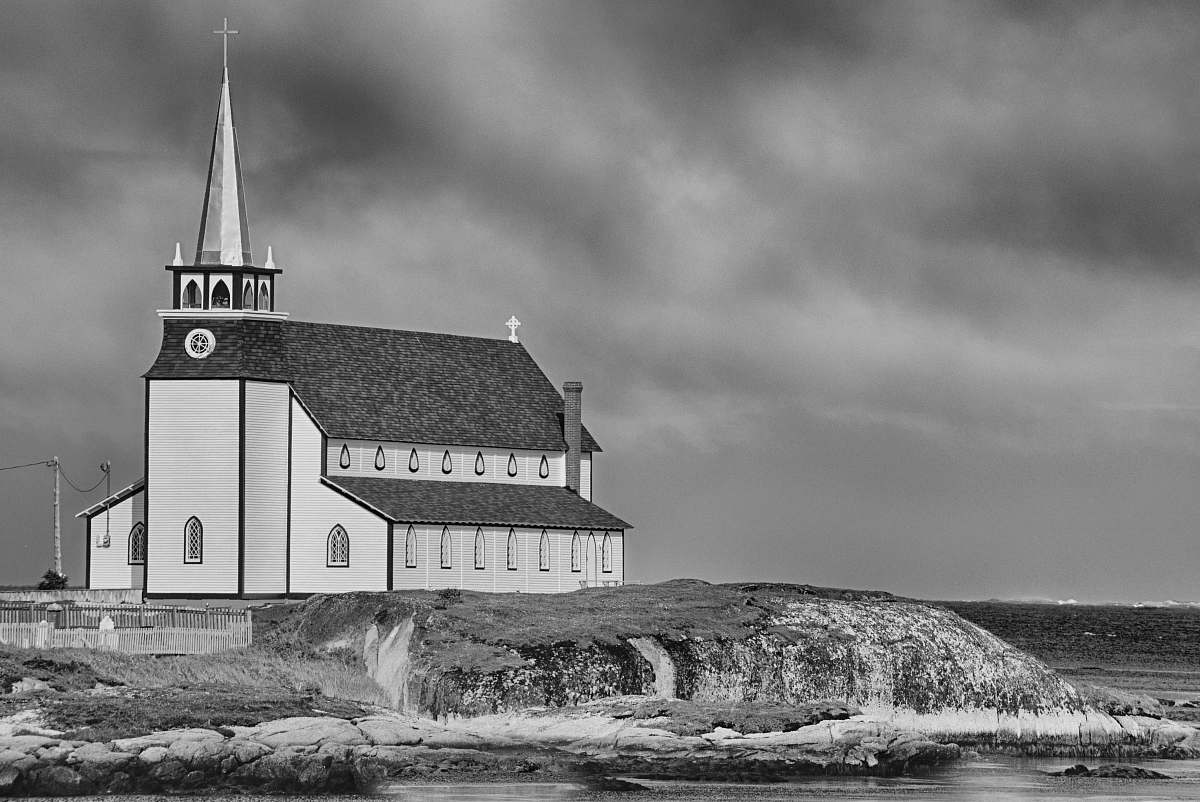 architecture church near sea black-and-white