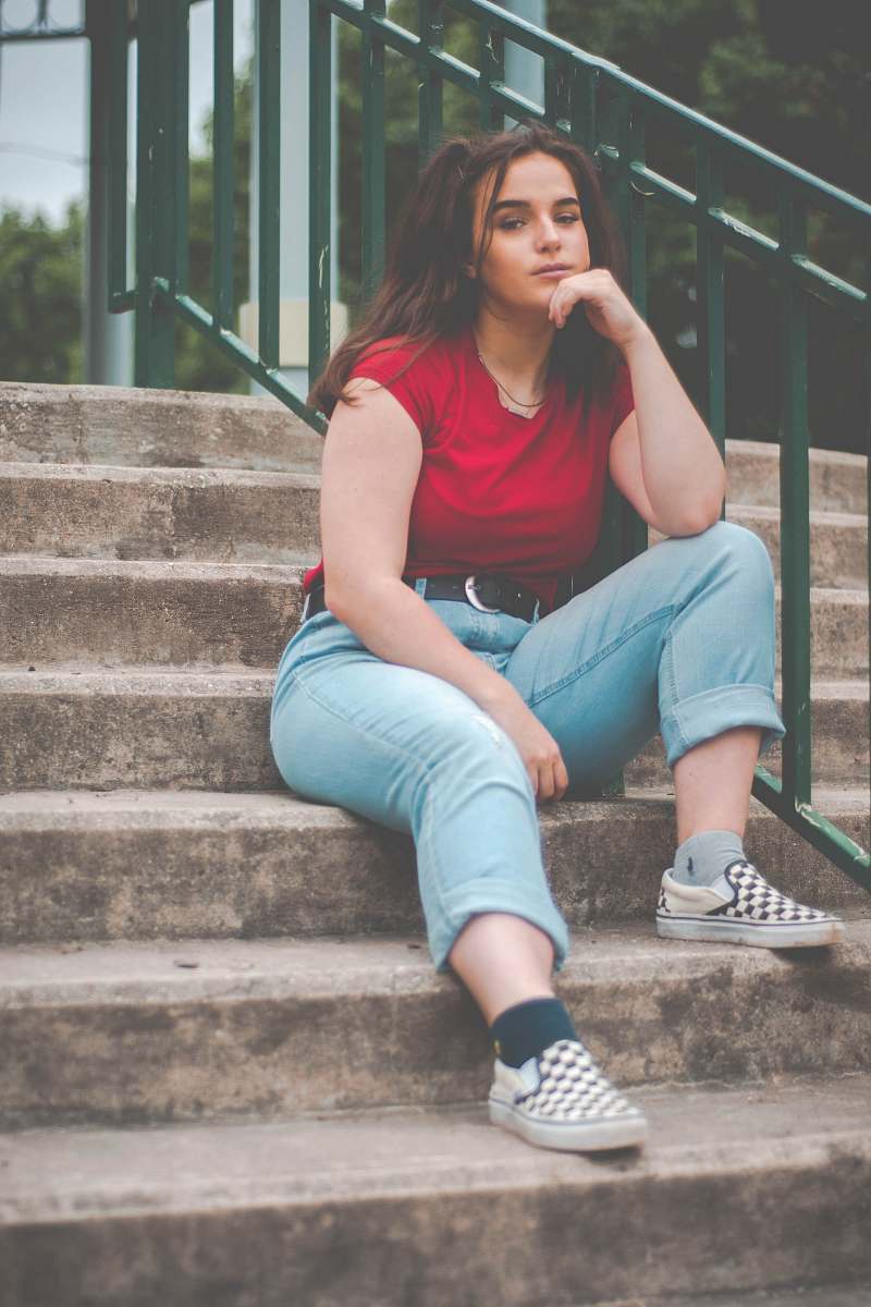 clothing woman on stairs footwear