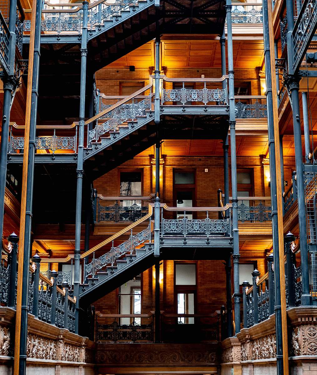 handrail blue and gold wooden building los angeles
