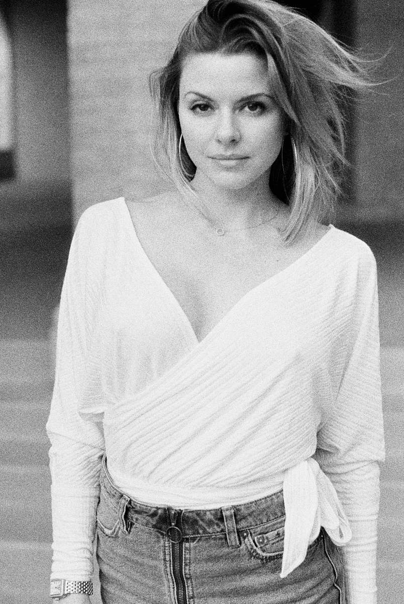 clothing grayscale photography of V-neck long-sleeved shirt apparel