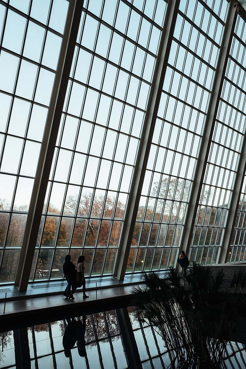 window woman walking beside glass wall inside the building during daytime new york