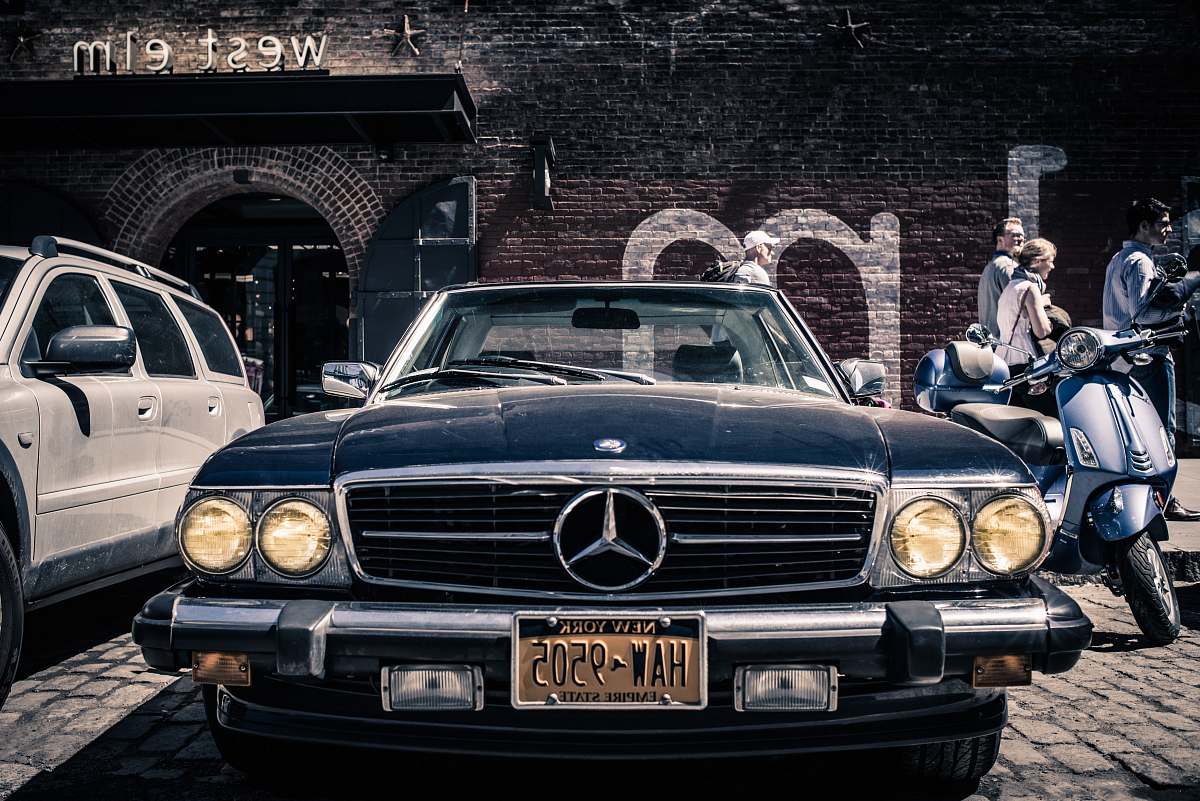 vehicle closeup photo of classic black Mercedes-Benz car transportation