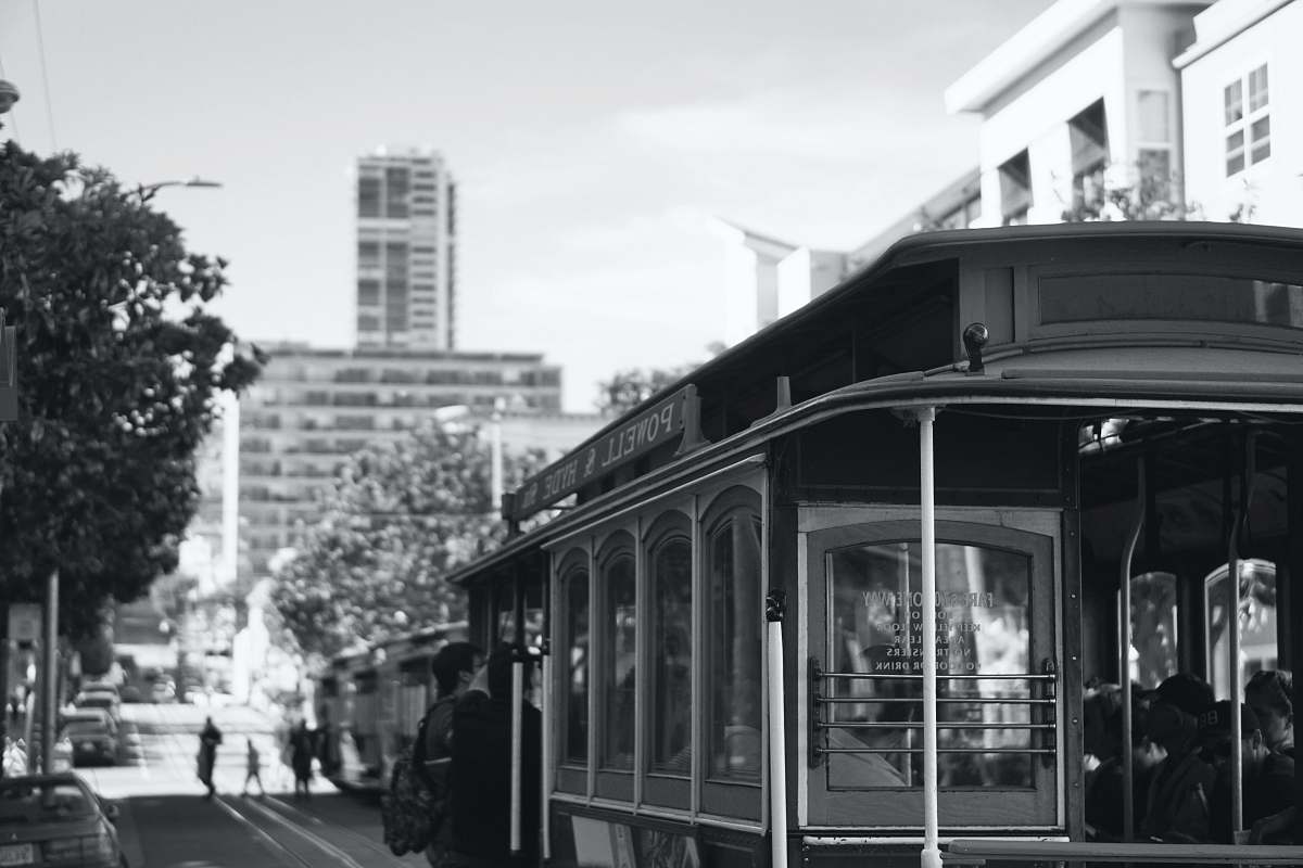 human grayscale photography of bus black-and-white