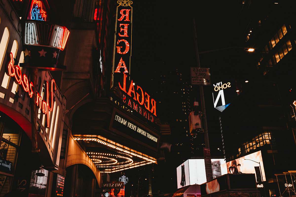 night Regal Cinemas building theater district