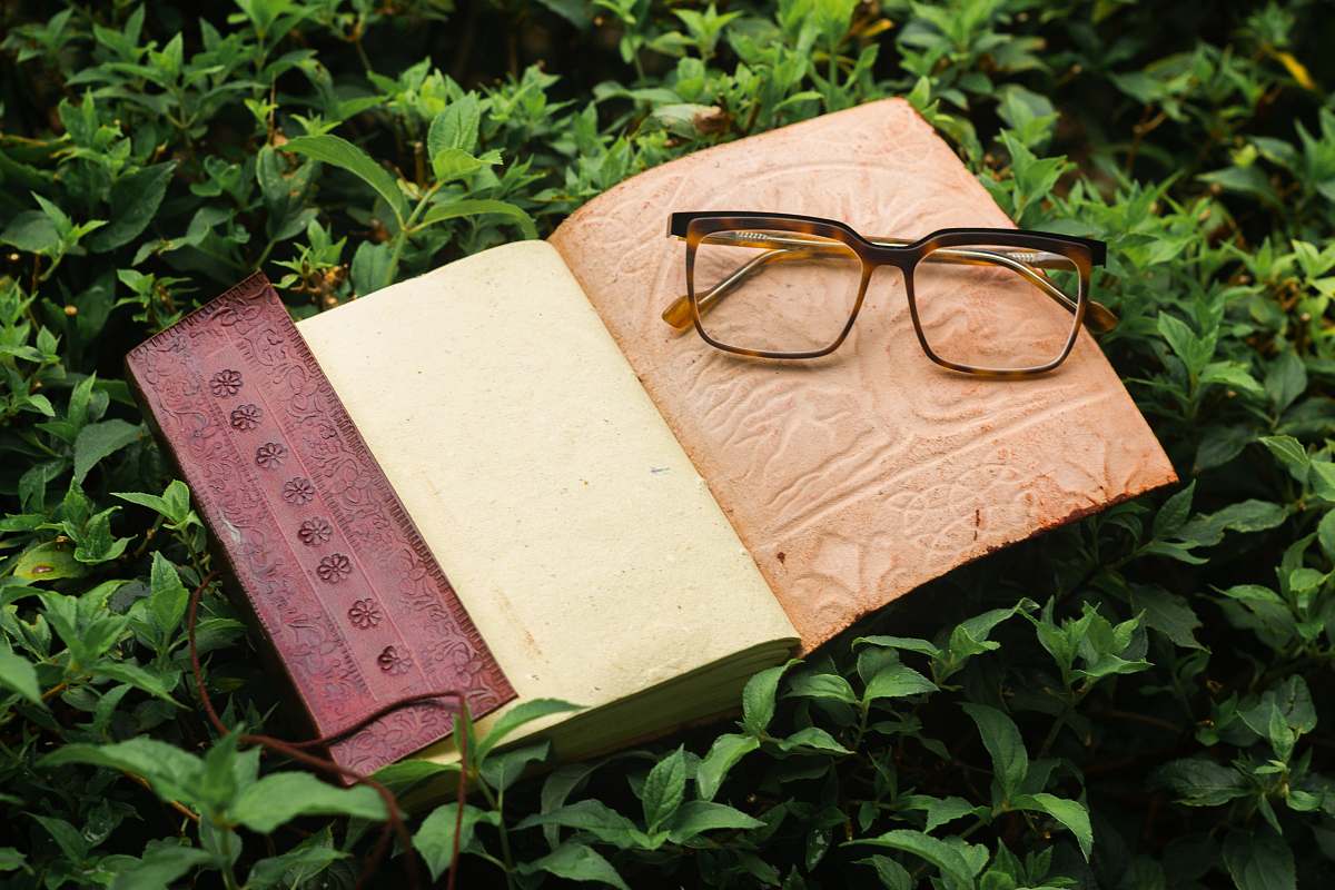 accessories brown framed eyeglasses on opened white book accessory