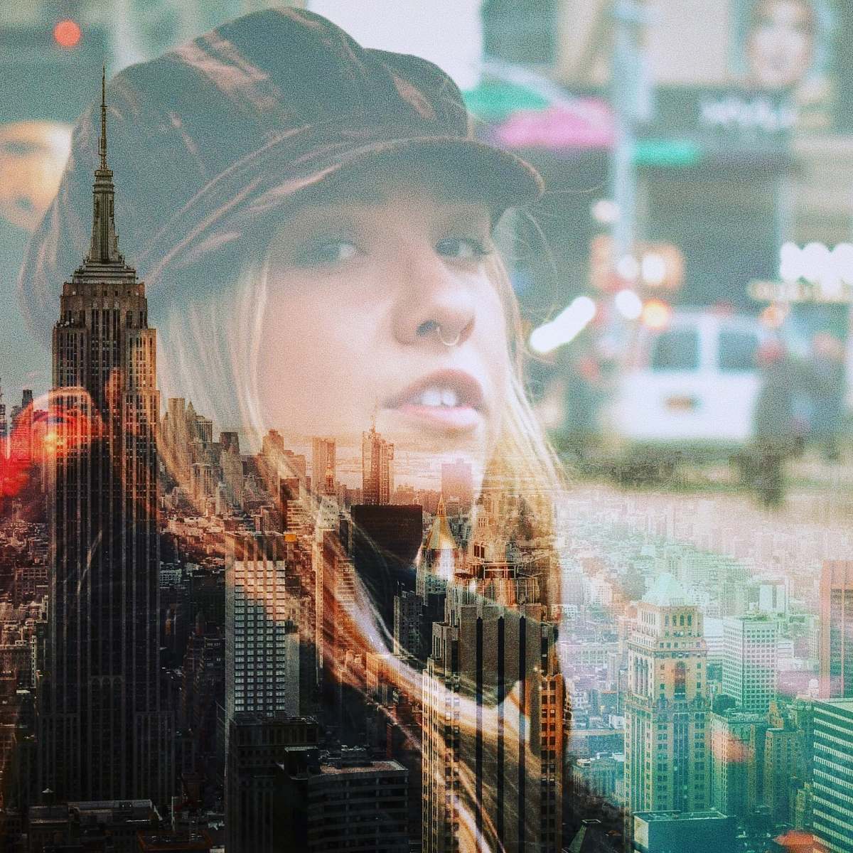 person New York City and woman's face overlay city