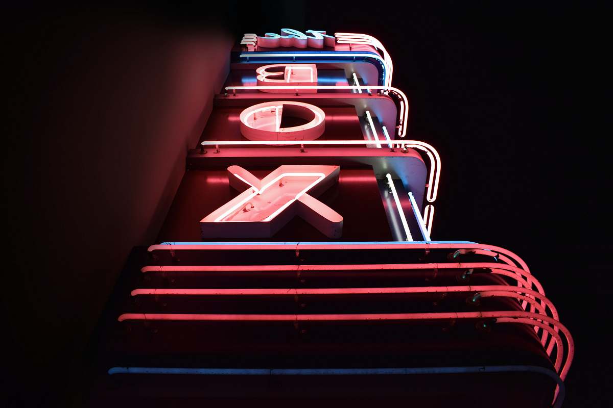neon red and blue BOX LED lights downtown riverside