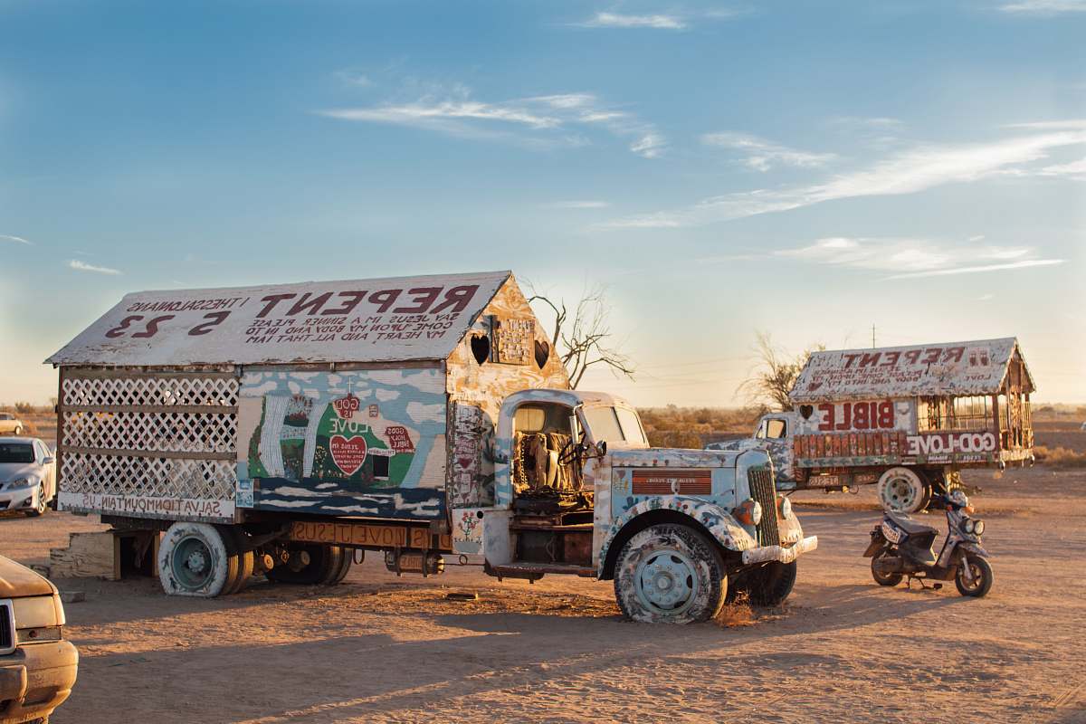 vehicle store truck parked on dessert field transportation