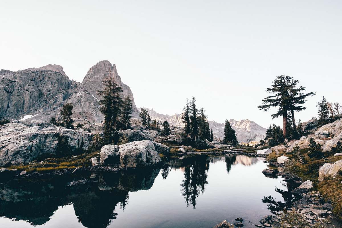 tree body of water between big rocks and trees under white sky at daytime rock