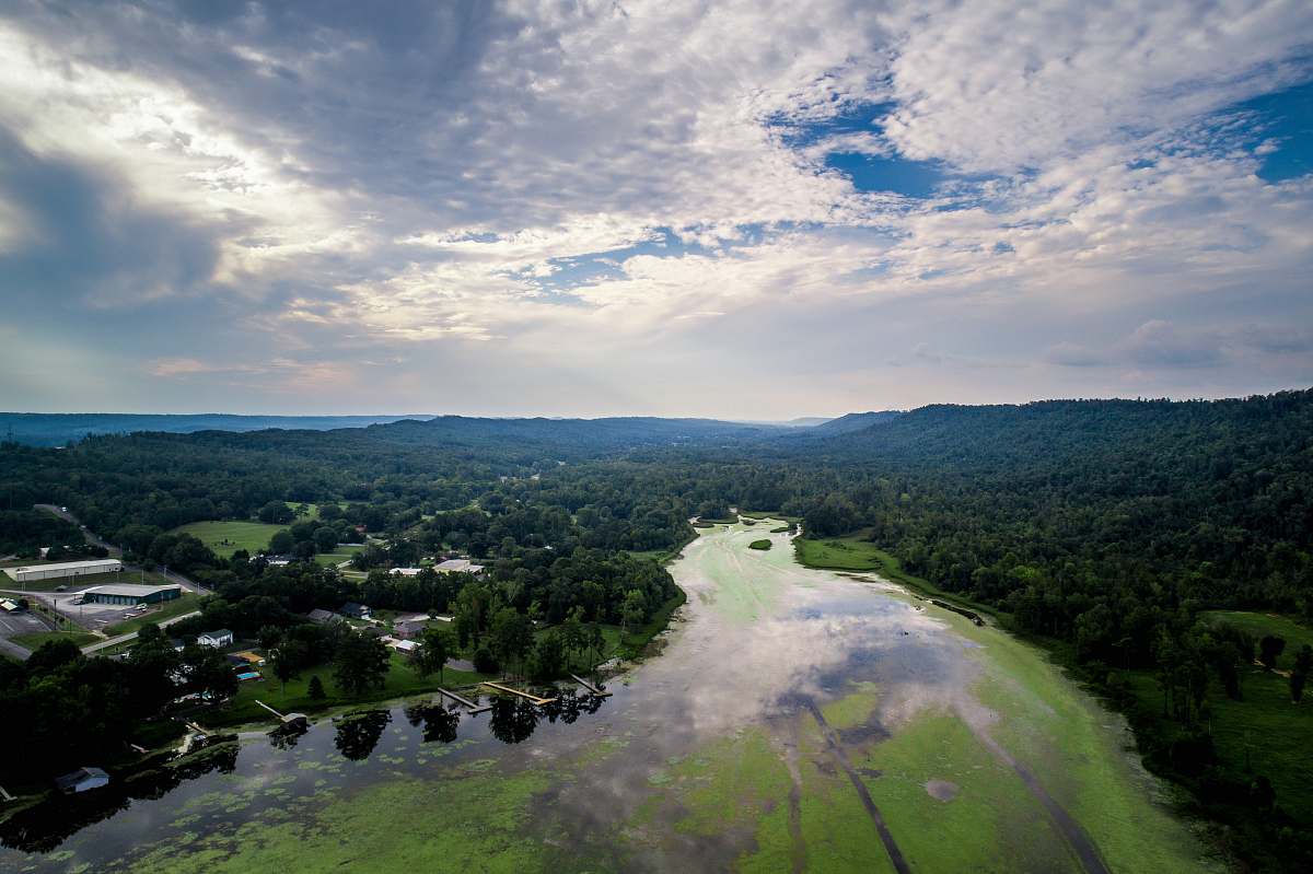 landscape aerial photo of lake outdoors