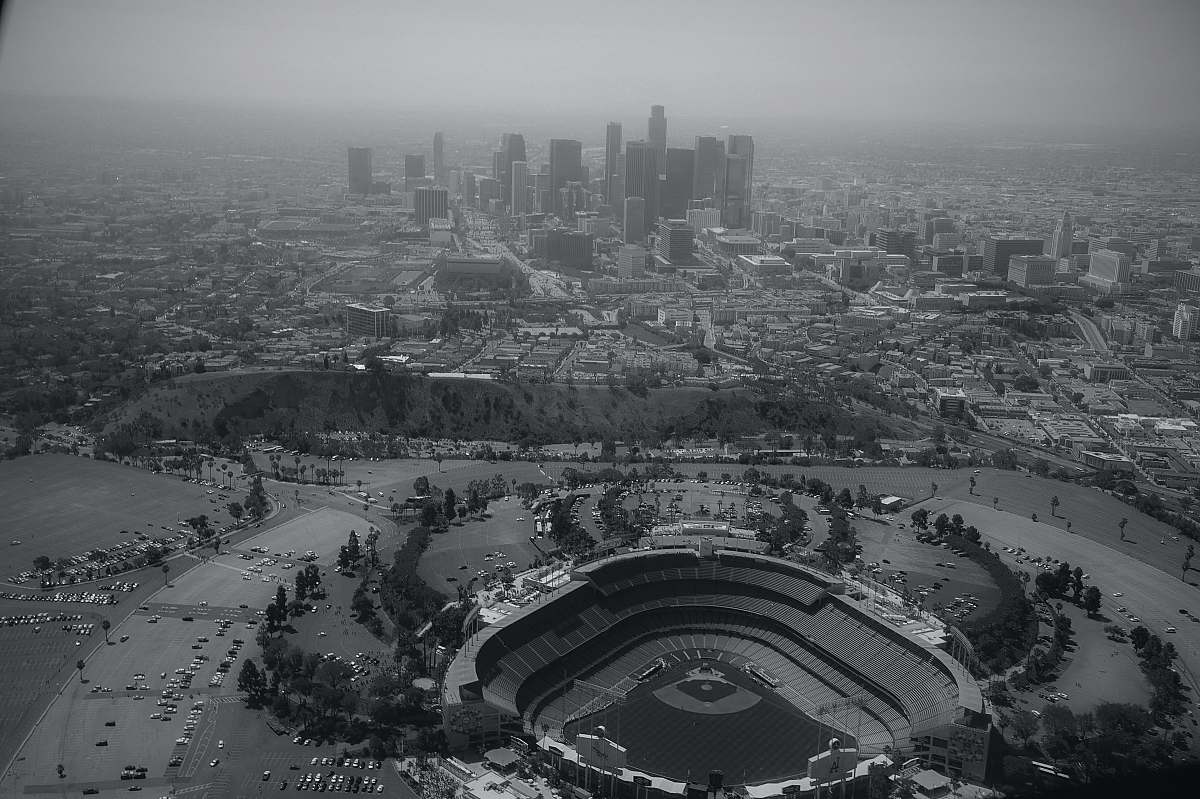 landscape aerial view of city buildings during daytime black-and-white