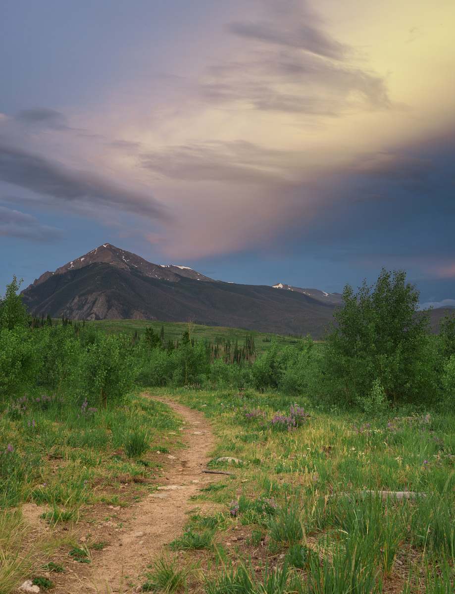 nature green field viewing mountain under white and gray skies path