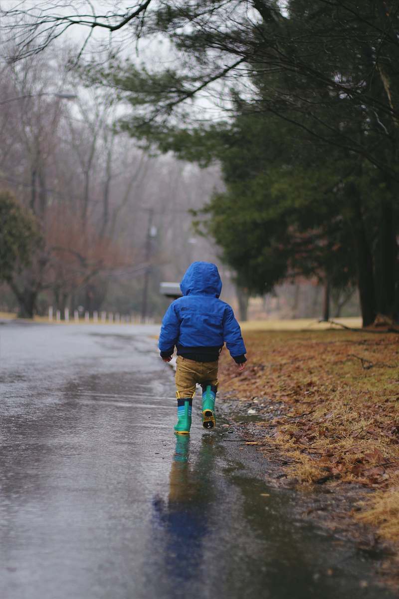 human toddler walking on road while raining puddle