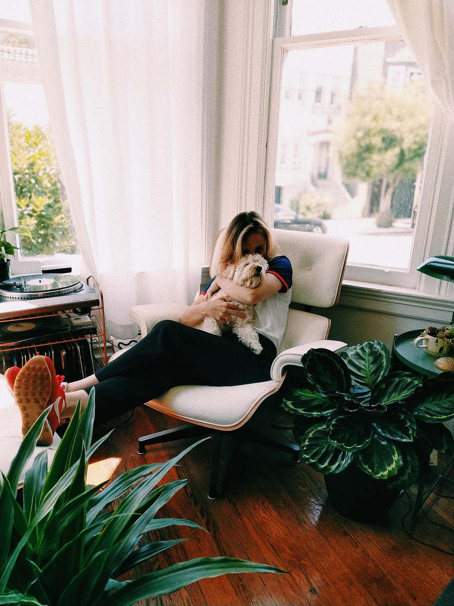 human woman kissing dog while sitting on chair person
