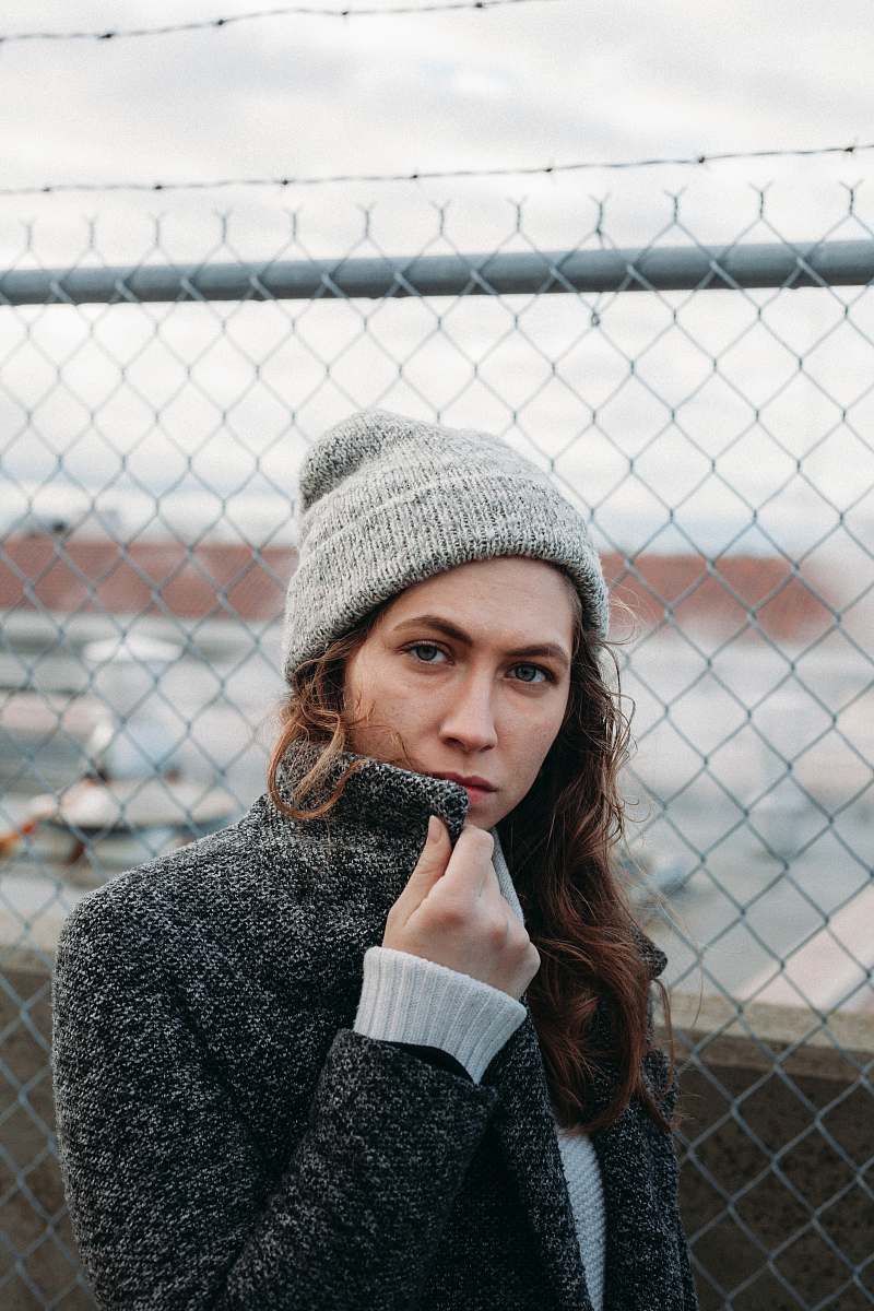 human woman wearing gray knit cap person