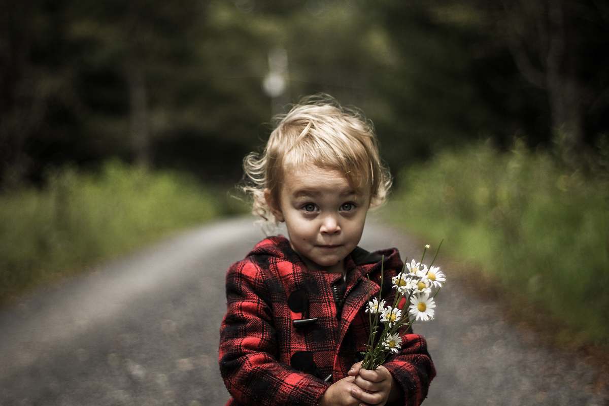 people girl wearing red and black plaid jacket holding flower human