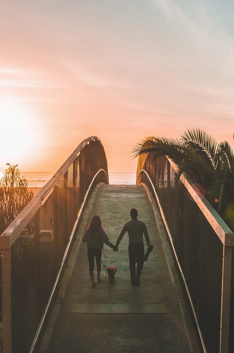 human man and woman holding hand while walking on bridge people