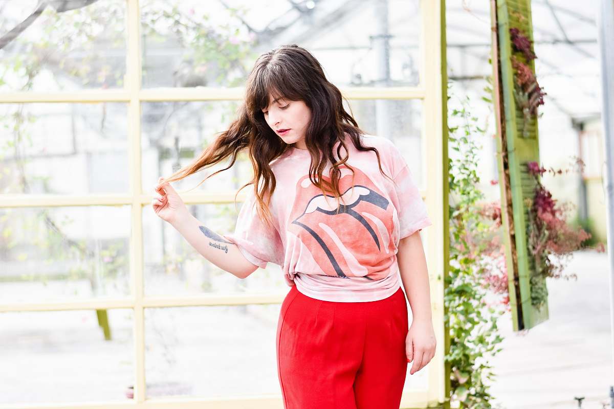 human woman in pink crew-neck T-shirt people